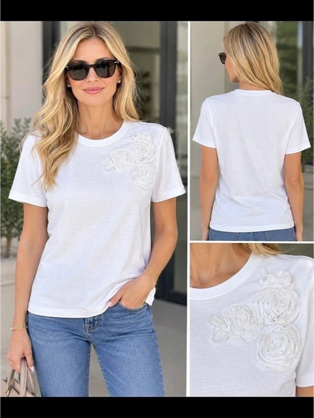 Zara Floral Appliqué T-Shirt Women's White Short Sleeve Tee